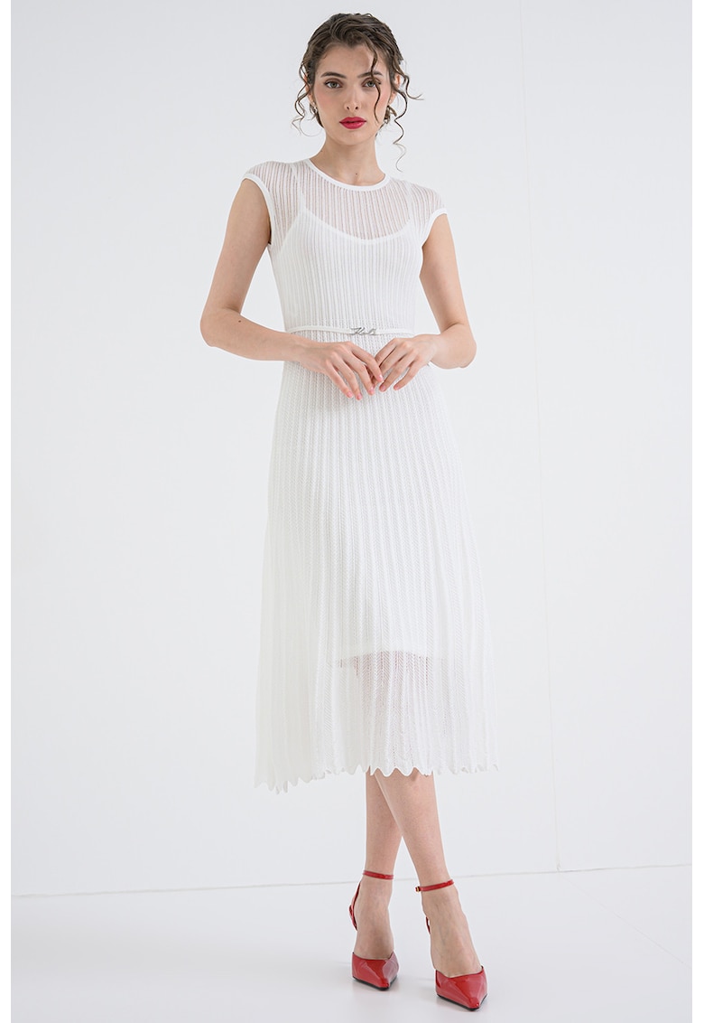 Rochie midi tricotata cu model plisat - Alb