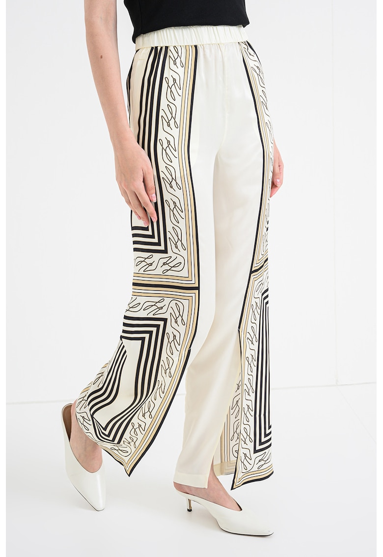 Pantaloni cu imprimeu si talie elastica - Alb fildes/Negru/Maro nisip