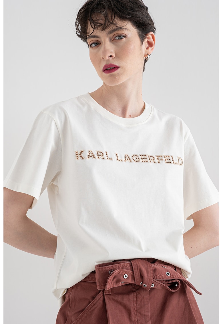 Tricou din bumbac organic cu imprimeu logo - Alb fildes