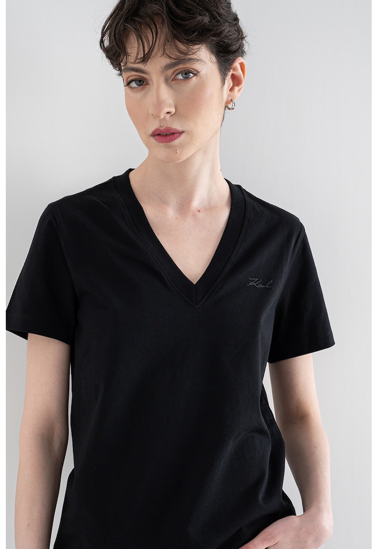 Tricou din bumbac organic cu decolteu in V Essential - Negru