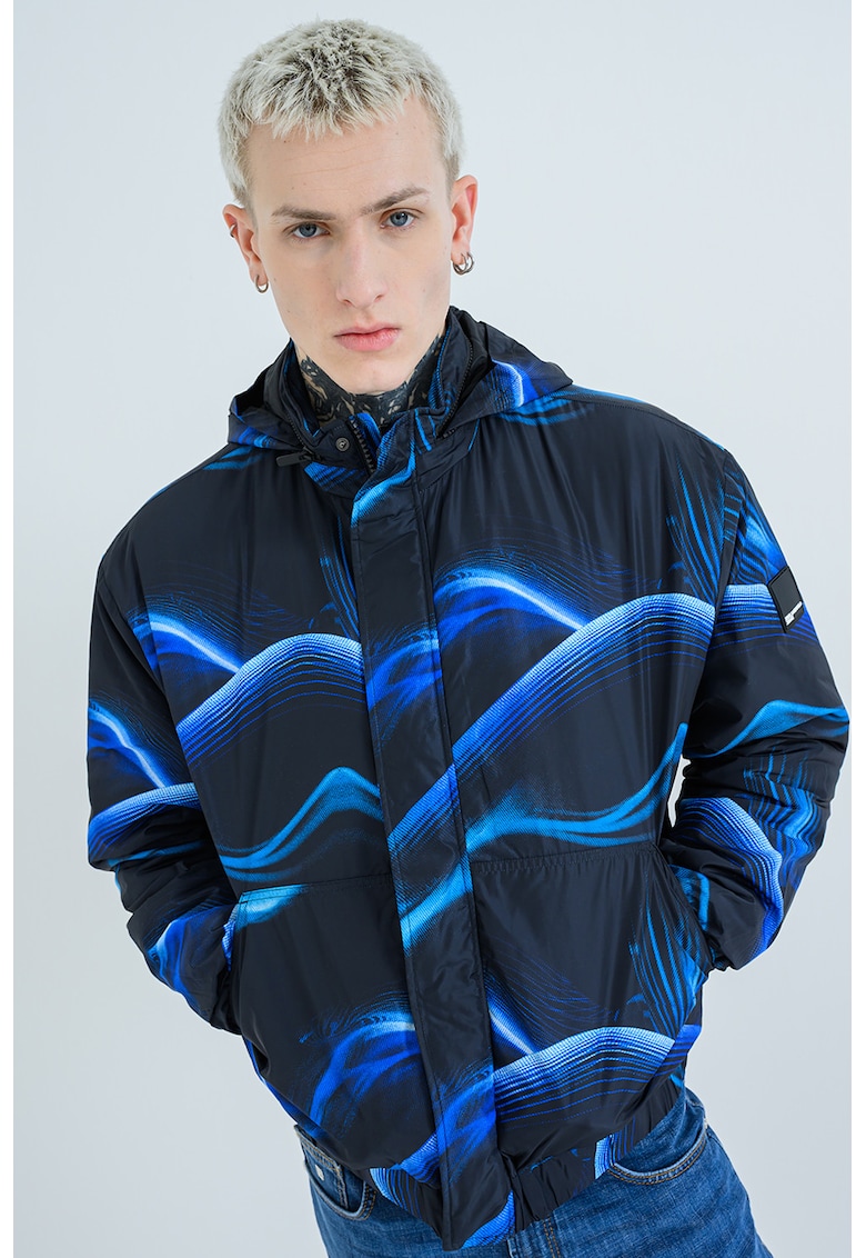 Jacheta cu imprimeu si fermoar - Negru/Albastru