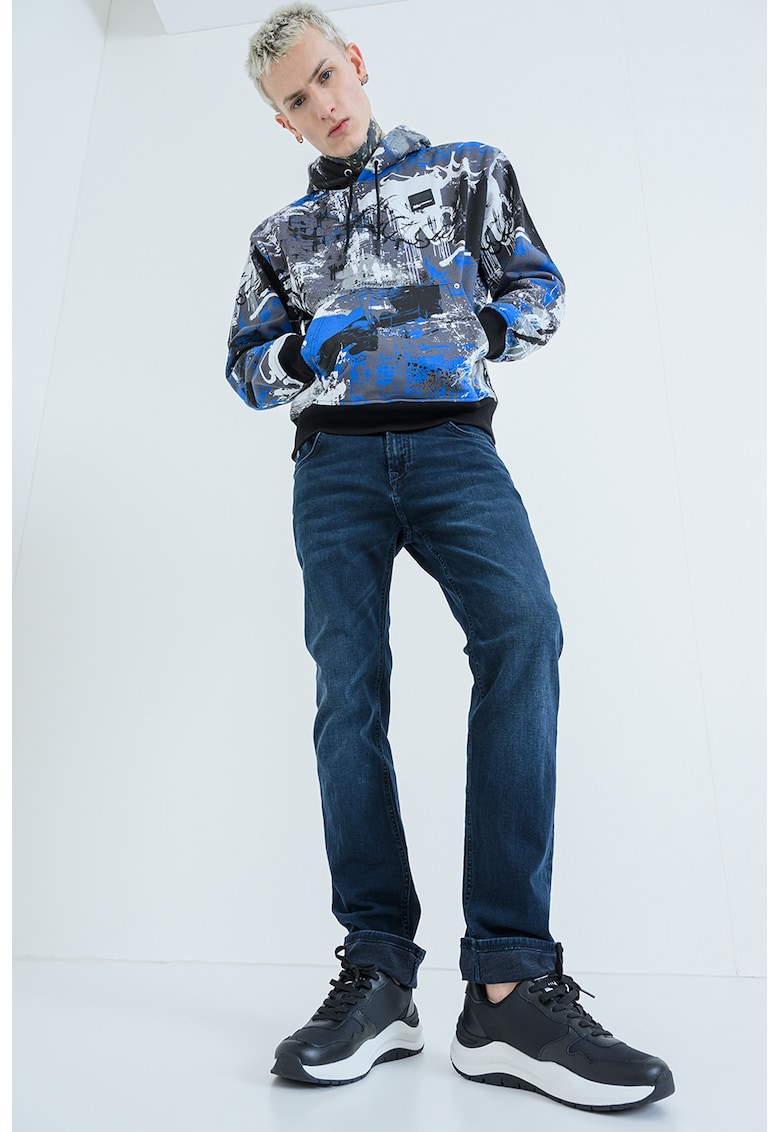 Hanorac cu imprimeu si buzunare kangaroo - Negru/Gri/Albastru