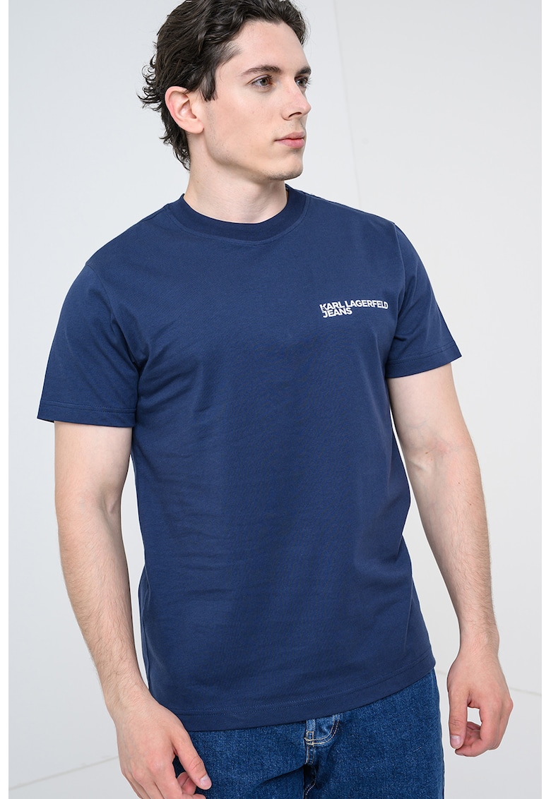 Tricou slim fit de bumbac organic cu imprimeu logo - Alb/Bleumarin