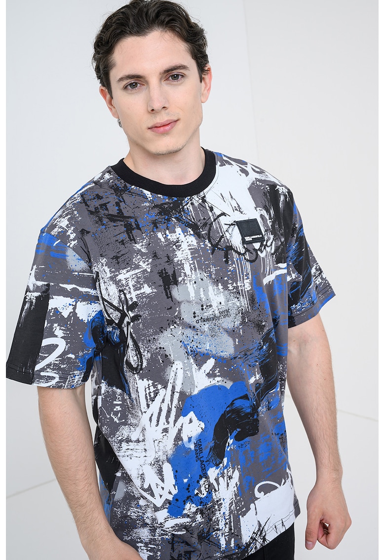 Tricou din bumbac organic cu imprimeu abstract - Alb/Gri/Albastru