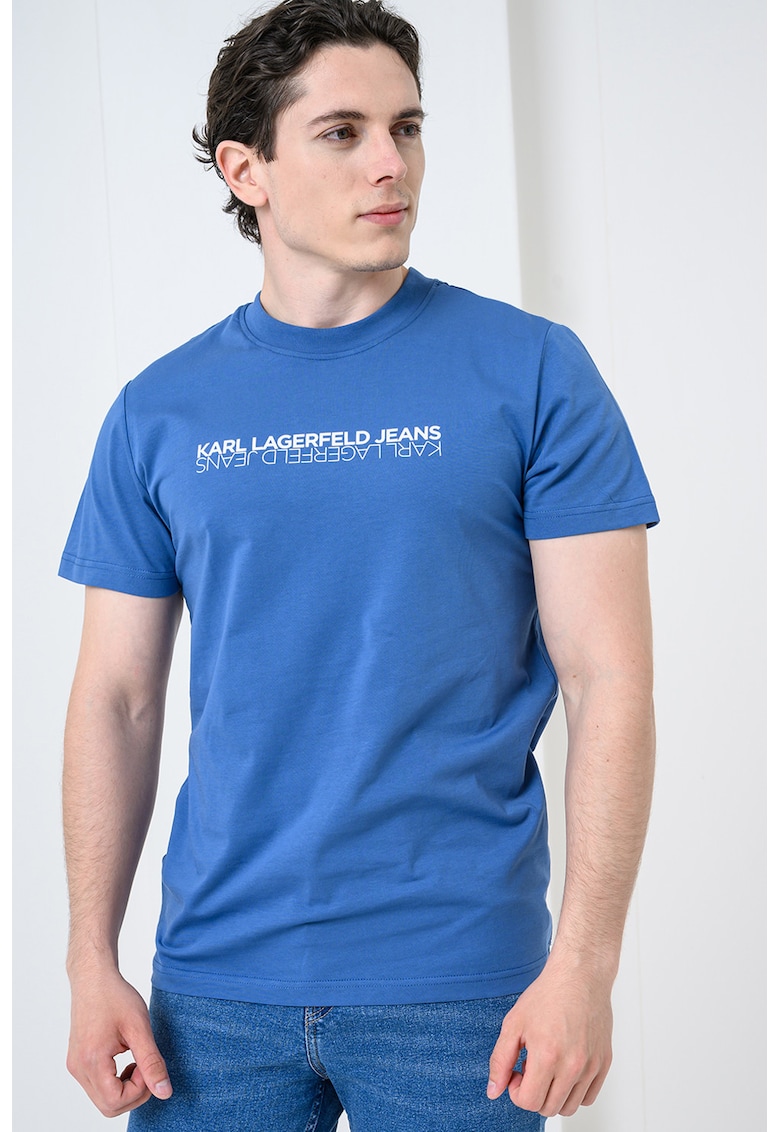 Tricou slim fit de bumbac cu imprimeu logo - Alb/Albastru prafuit
