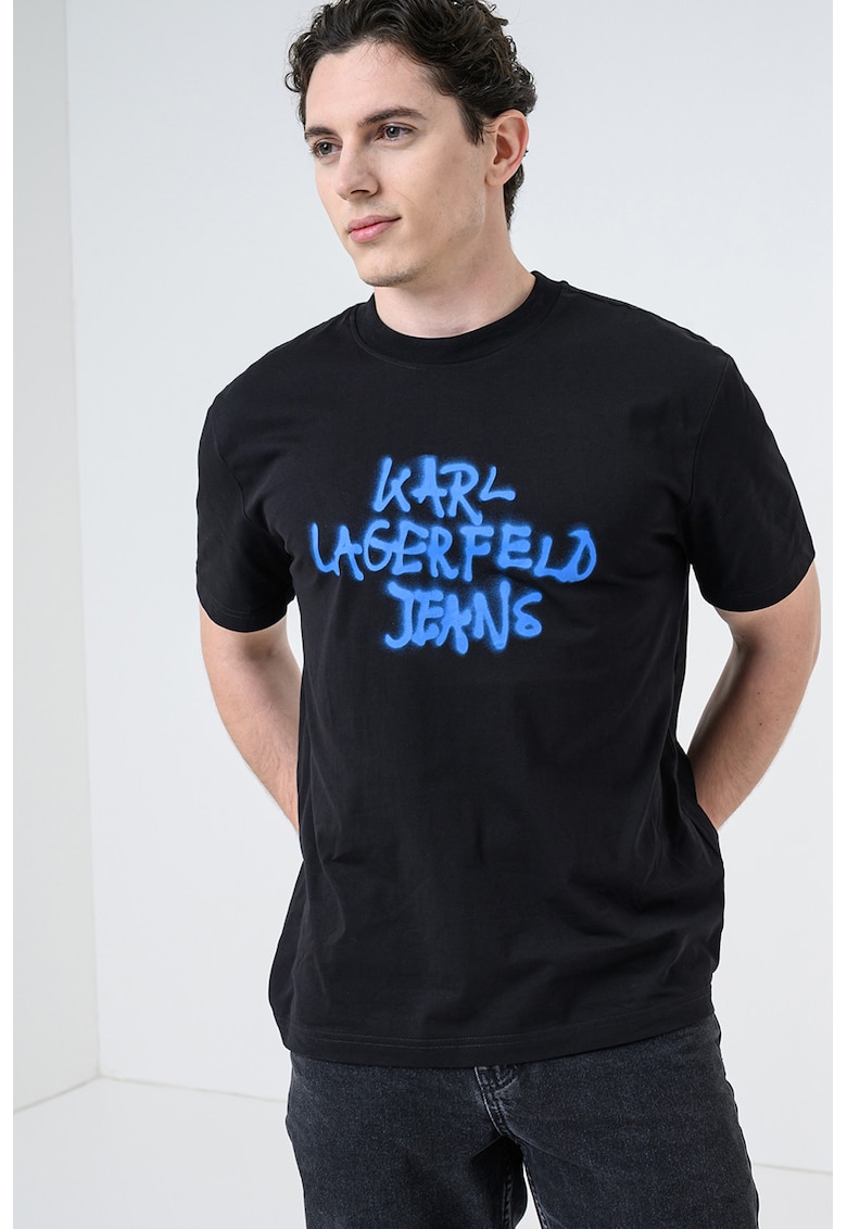 Tricou regular fit de bumbac cu imprimeu logo - Negru/Albastru royal