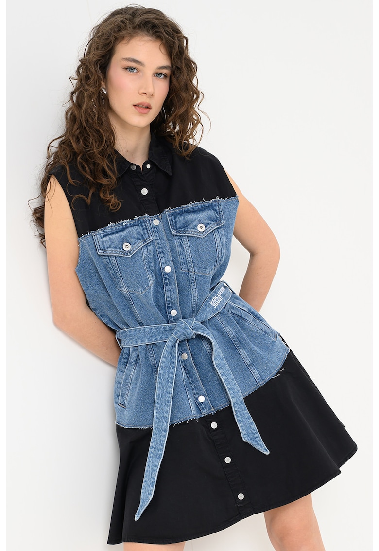 Rochie din denim fara maneci cu cordon - Negru/Albastru royal