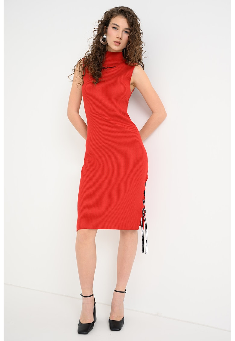 Rochie midi tricotata cu slit lateral - Rosu vermillion