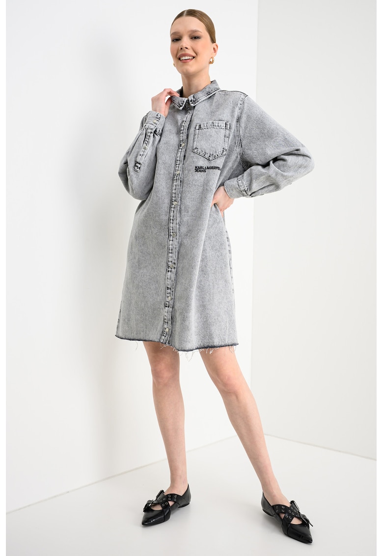 Rochie-camasa din denim cu terminatii nefinisate - Gri