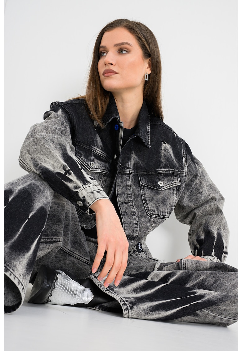 Jacheta de denim cu aspect decolorat - Gri inchis