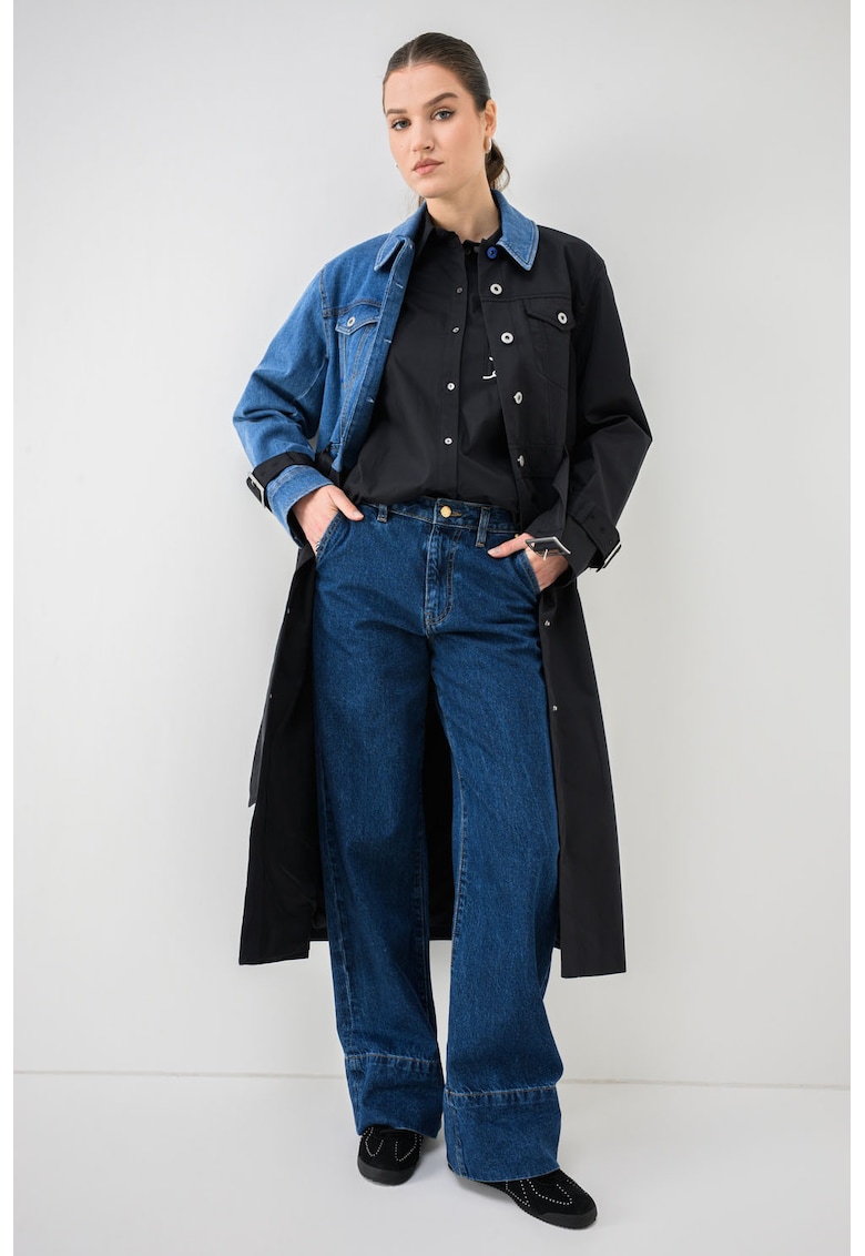Trenci long cu insertii de denim - Negru/Albastru