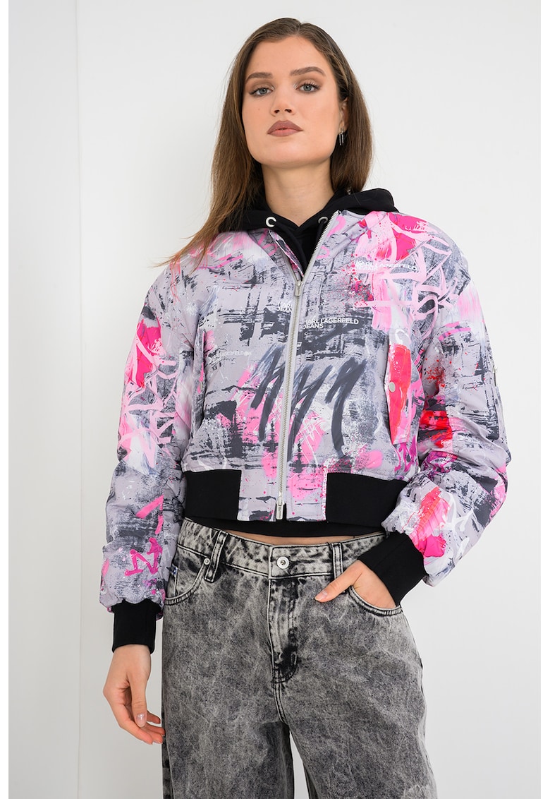 Jacheta crop bomber - Alb/Gri/Roz