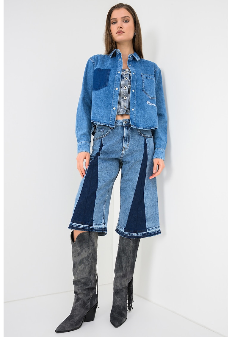 Pantaloni scurti de denim cu talie inalta - Albastru prafuit