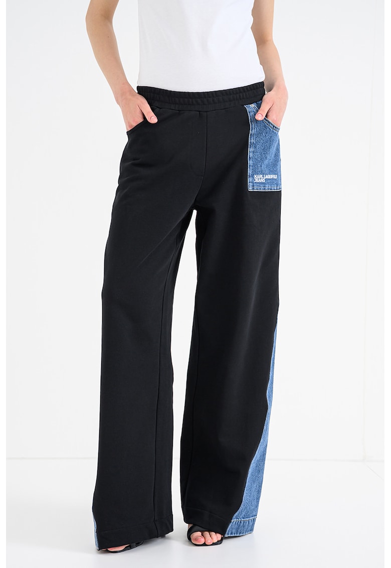 Pantaloni de trening cu croiala ampla si garnituri din denim - Negru/Albastru
