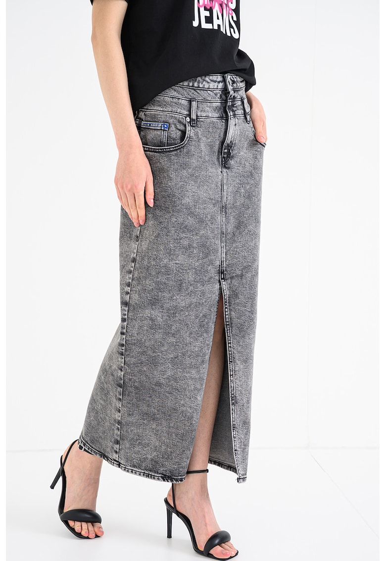 Fusta lunga din denim cu slit pe partea din fata - Gri melange