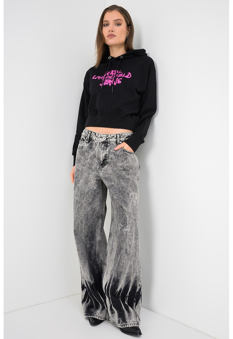 Hanorac crop din bumbac organic cu imprimeu logo - Negru