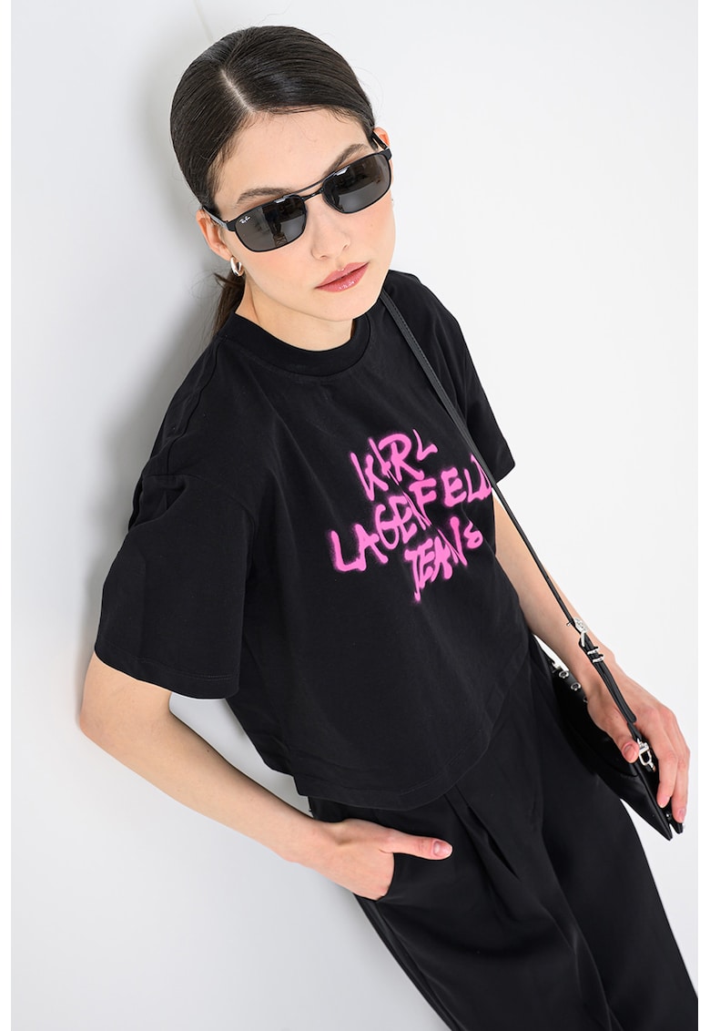 Tricou crop din bumbac cu imprimeu graffiti - Negru/Fucsia