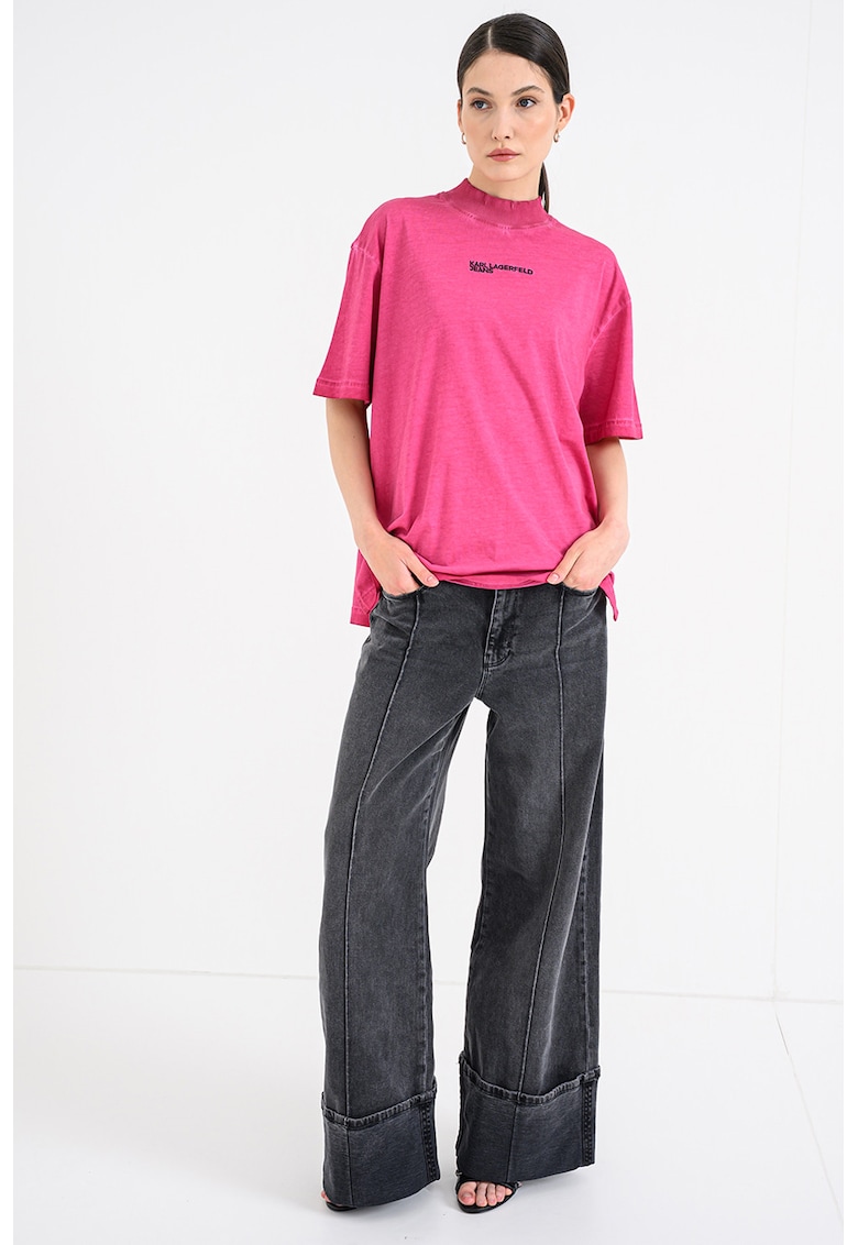 Tricou relaxed-fit cu guler scurt - Negru/Fucsia