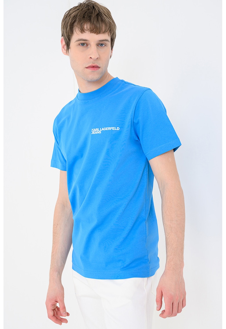 Tricou slim fit de bumbac organic cu imprimeu logo - Albastru deschis