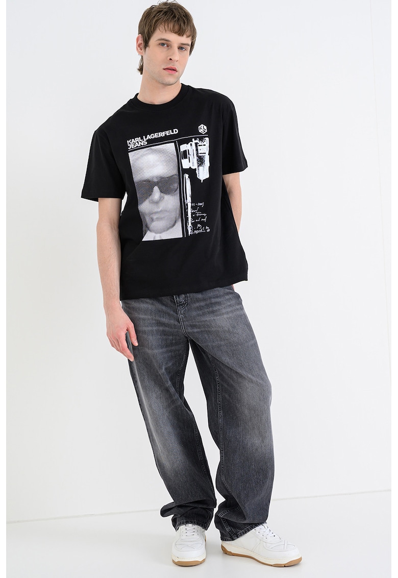 Tricou cu decolteu la baza gatului si imprimeu grafic - Alb/Negru