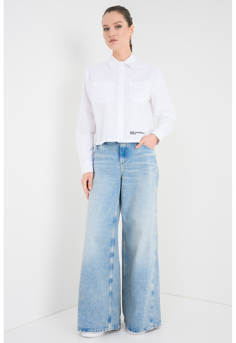 Camasa crop cu buzunare pe piept - Alb
