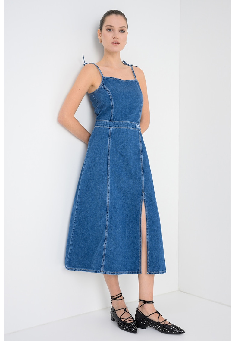 Rochie evazata din denim cu slit adanc lateral - Albastru
