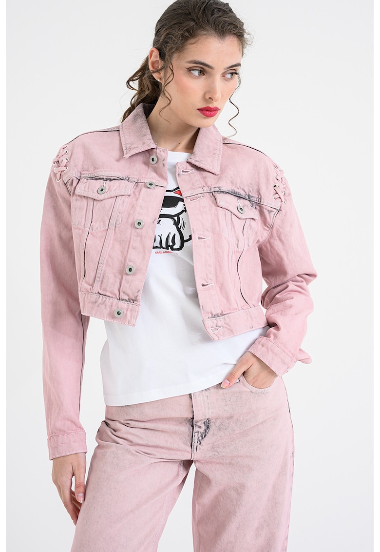Jacheta crop din denim cu buzunare cu clapa pe piept - Roz prafuit