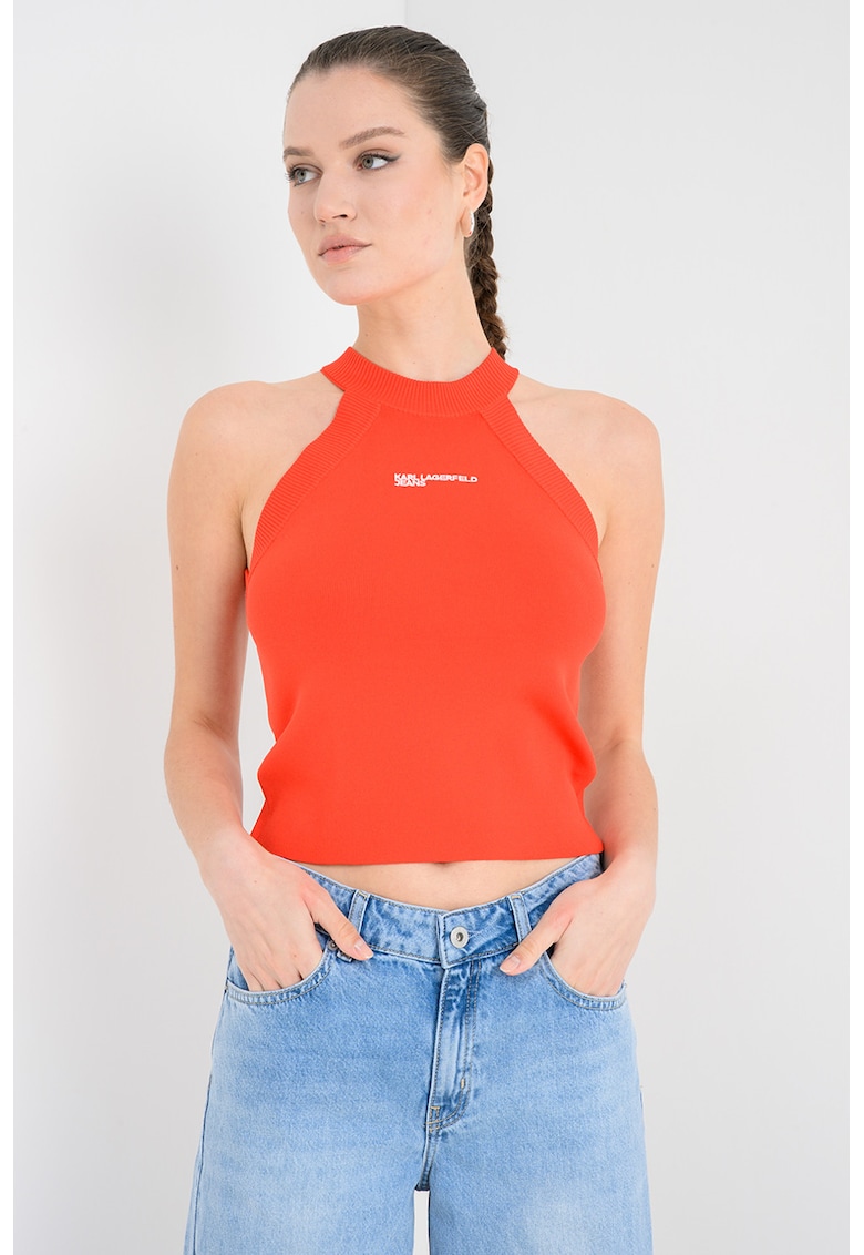 Tricou crop cu imprimeu logo - Portocaliu mandarina