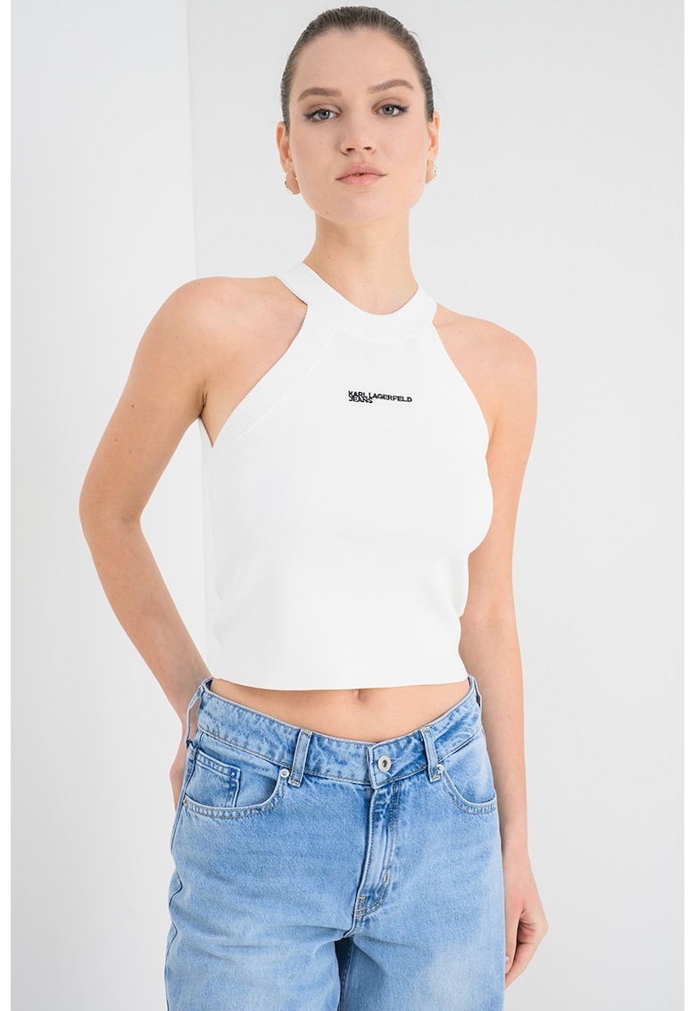 Tricou crop cu imprimeu logo - Alb