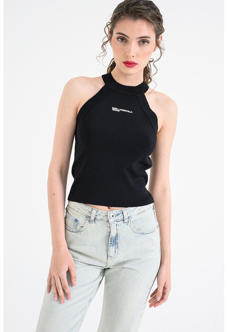 Tricou crop cu imprimeu logo - Negru