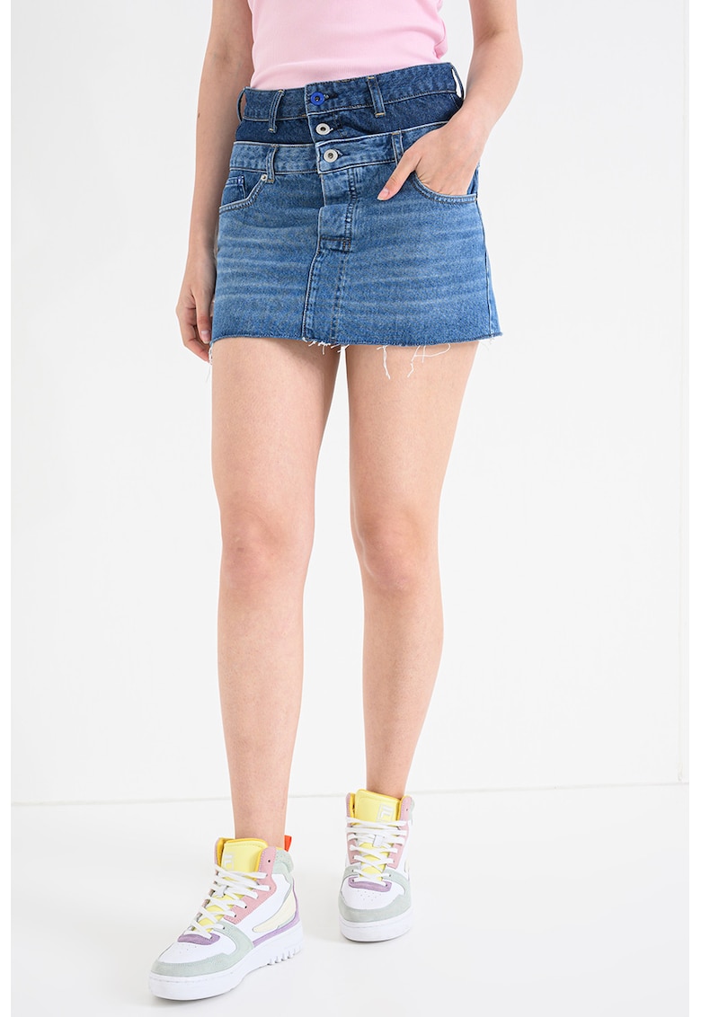 Fusta mini cambrata din denim cu model 2in1 - Albastru