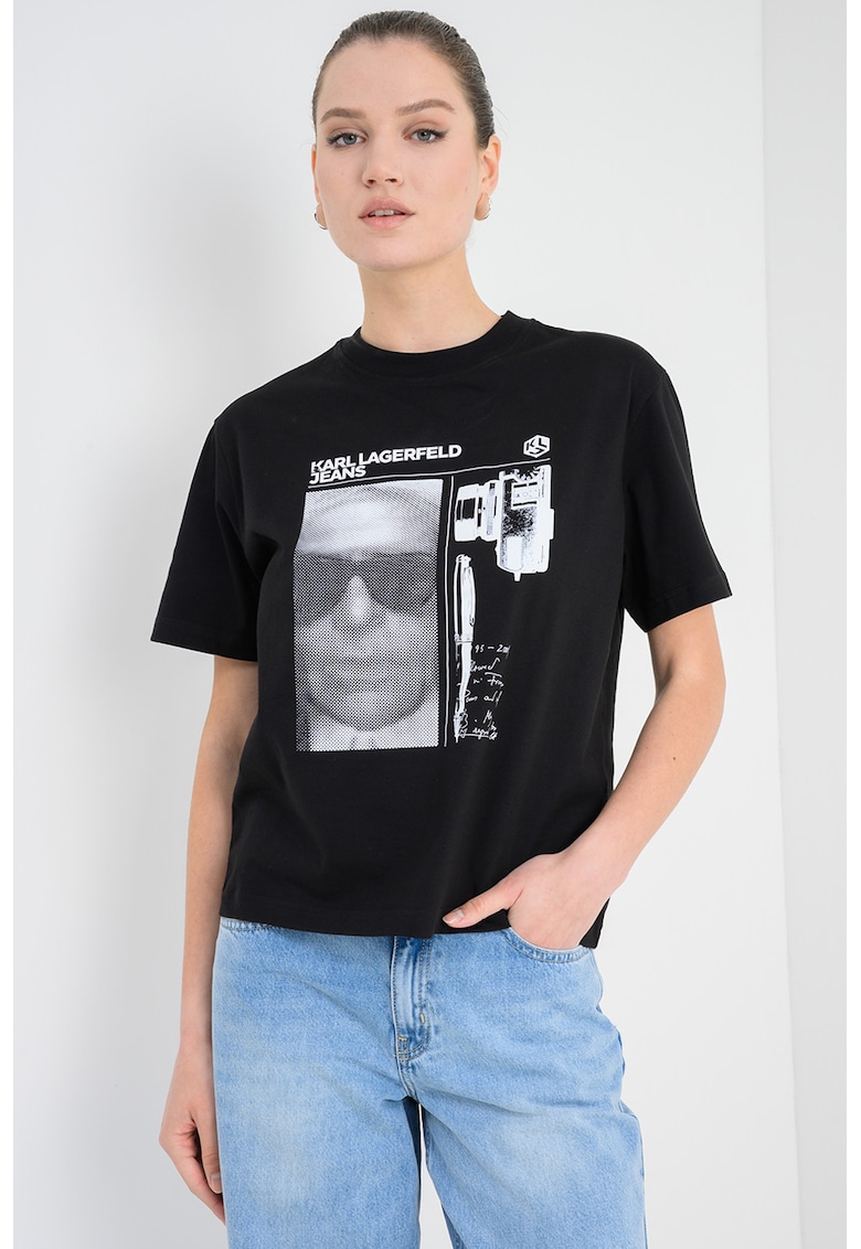 Tricou regular fit din bumbac organic cu imprimeu logo cu fotografie - Alb/Negru