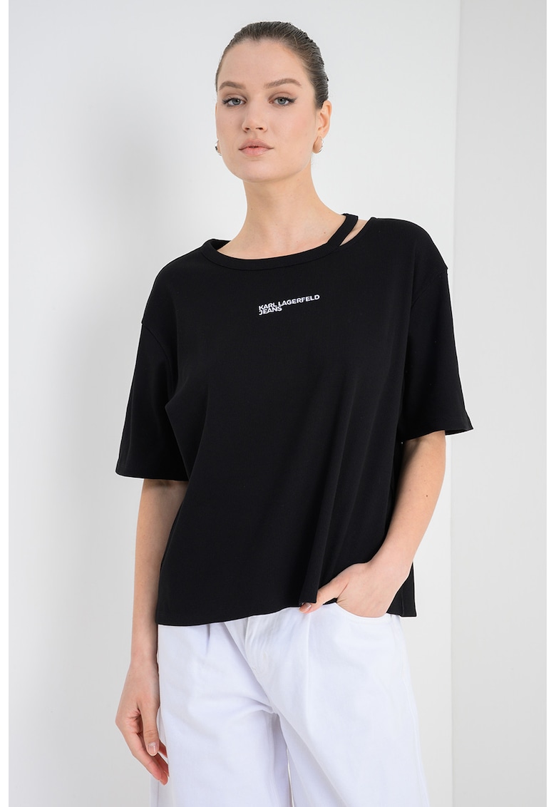 Tricou din amestec de bumbac organic cu decupaj in zona decolteului - Negru