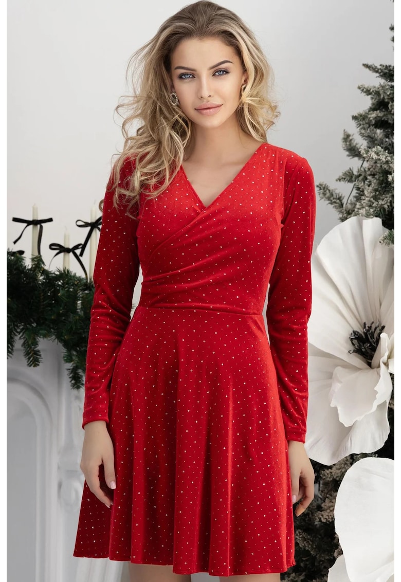 Rochie scurtă din catifea cu sclipici - croi în clos - decolteu în V - Rosu - Rosu