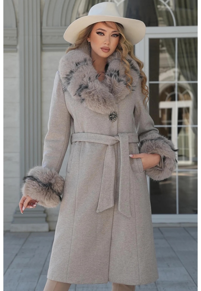 Palton dama din lana cu croi drept si blana ecologica detasabila - Bej - Bej