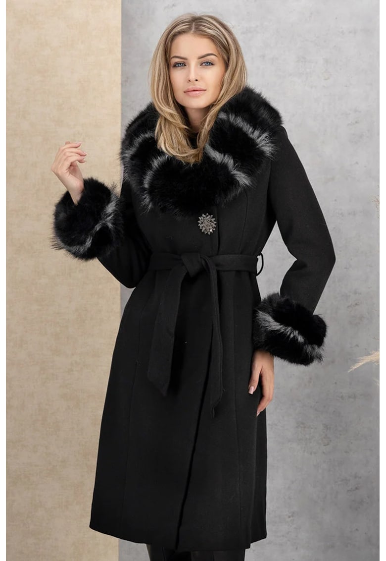 Palton din lana cu croi drept si blana ecologica detasabila - Negru - Negru