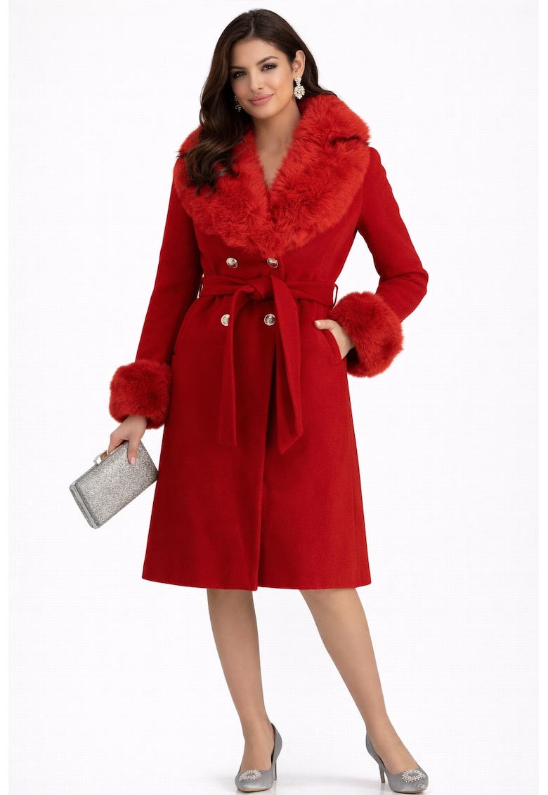 Palton dama din stofa cambrat - cu guler din blana ecologica detasabil Rosu - Rosu