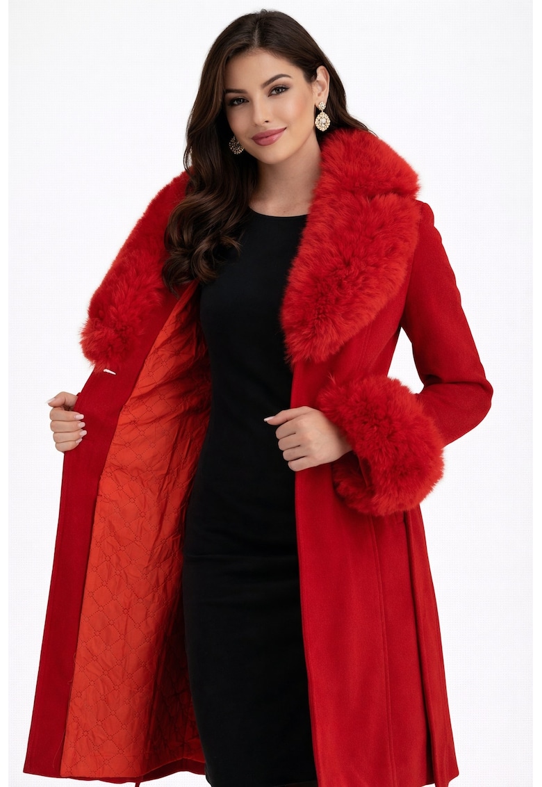 Palton cambrat din stofa cu insertii detasabile din blana ecologica Rosu - Rosu