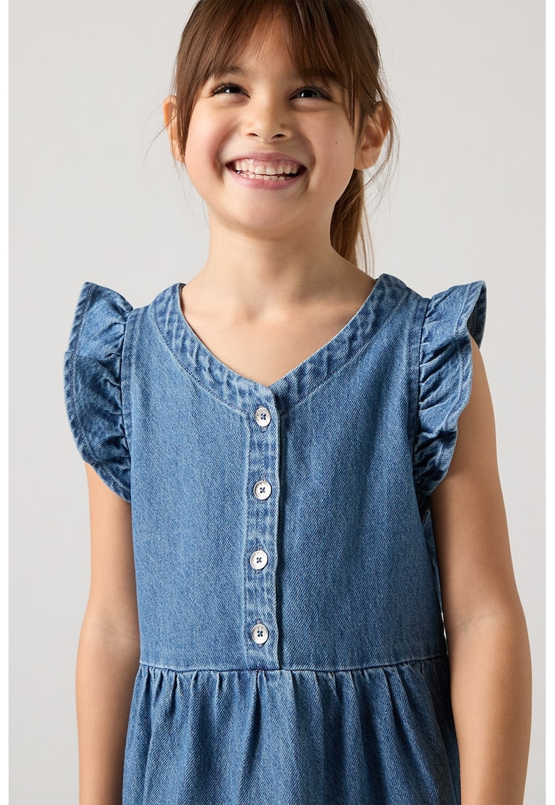 Rochie din denim cu model stratificat si garnituri cu volane - Denim Blue