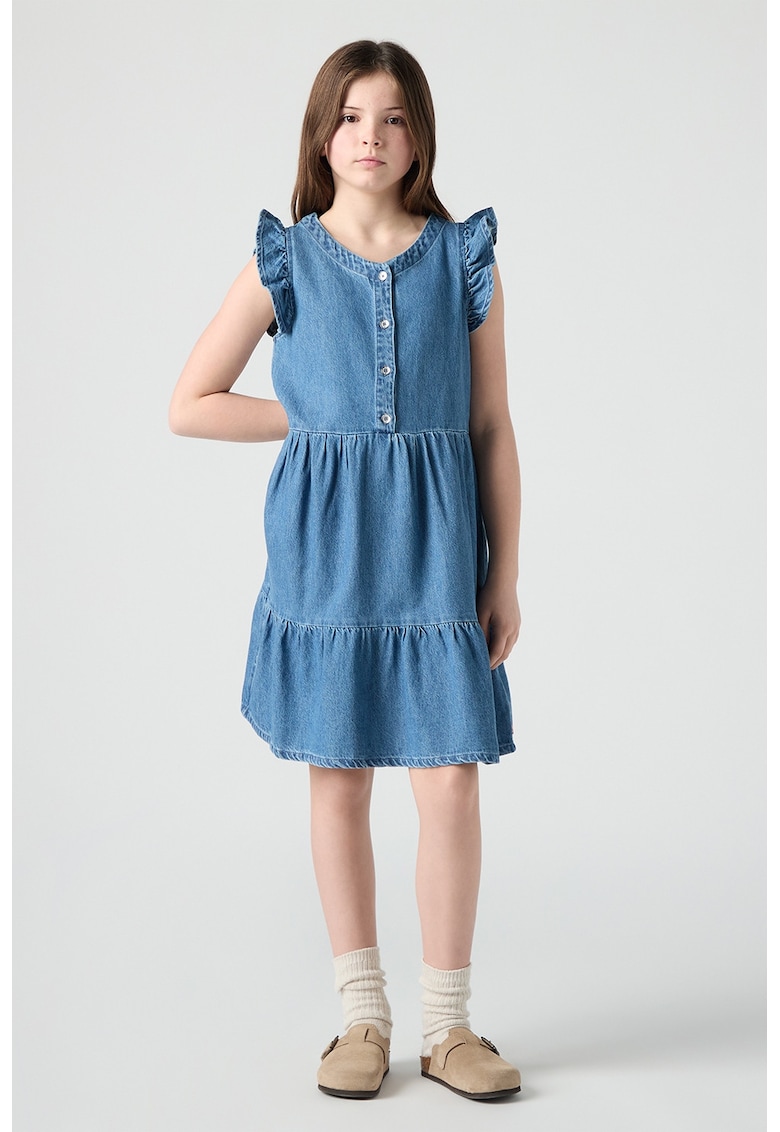 Rochie stratificata din denim si mansete cu volane Flutter - Denim Blue