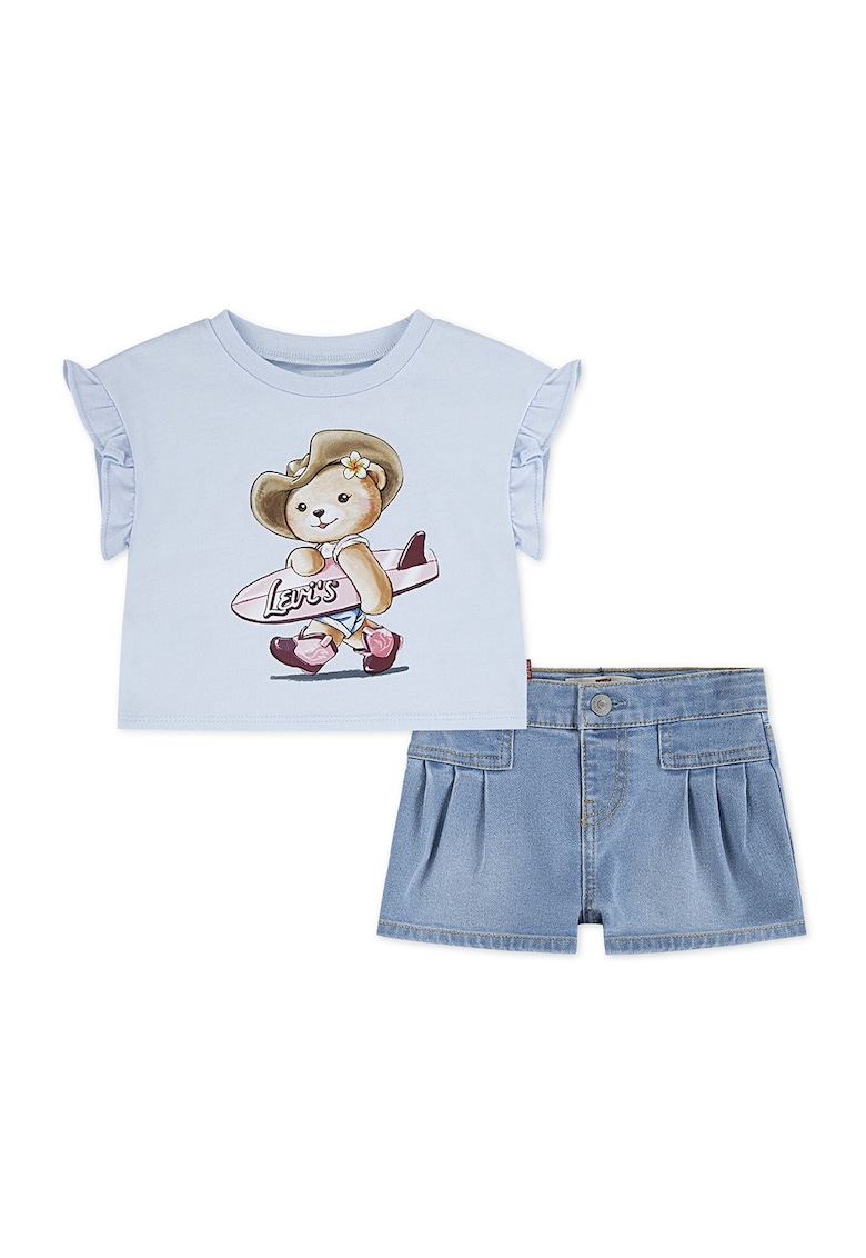 Set de tricou cu imprimeu cu ursulet si blugi scurti - 2 piese - Albastru deschis