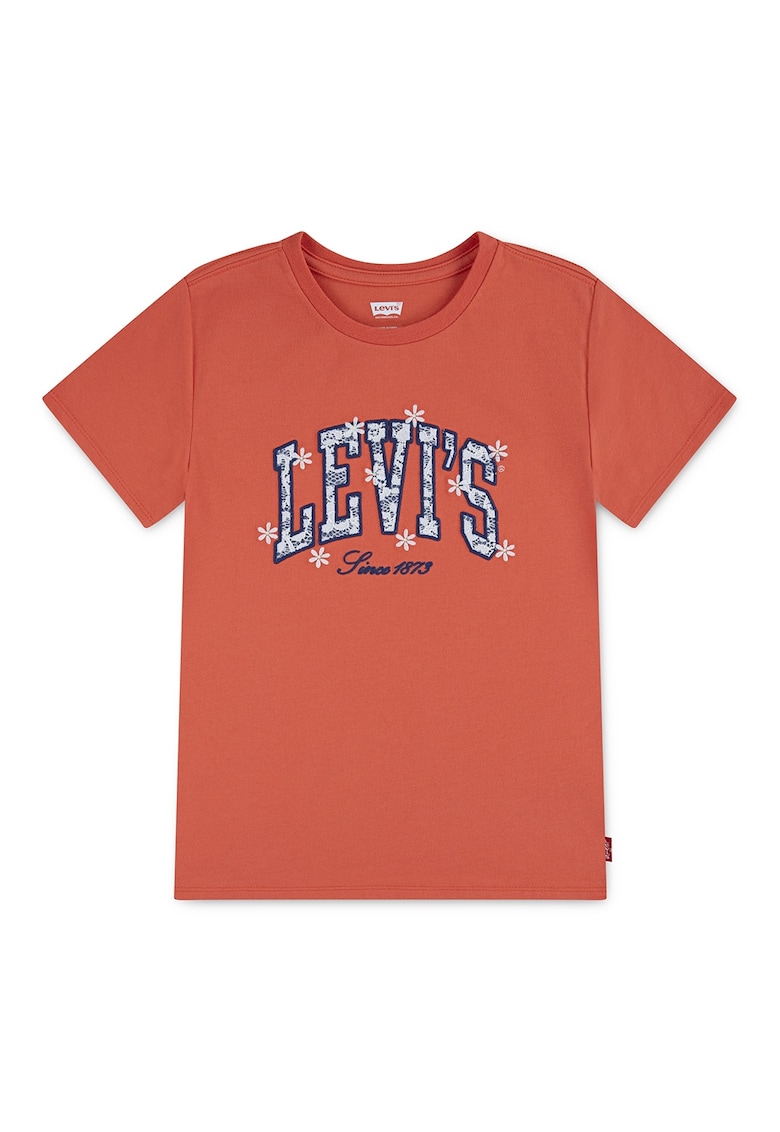 Tricou cu imprimeu logo si decolteu la baza gatului - Portocaliu