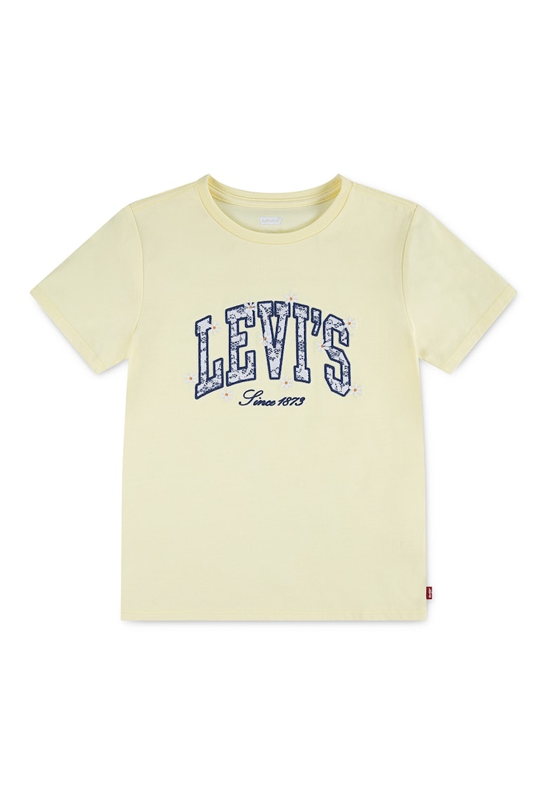 Tricou cu imprimeu logo si decolteu la baza gatului - Galben pal