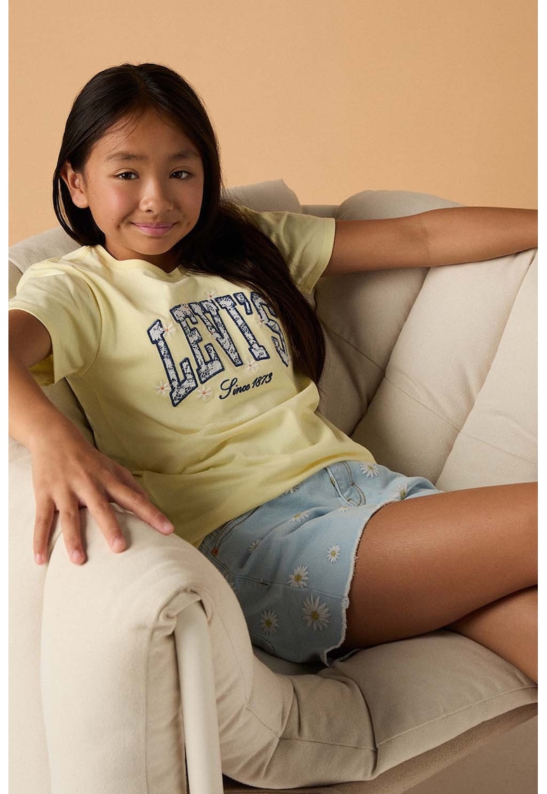 Tricou din amestec de bumbac cu logo brodat - Galben pal