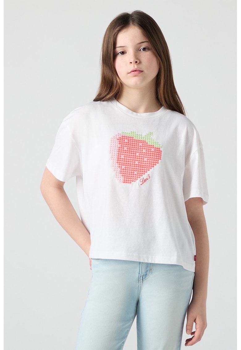 Tricou din amestec de bumbac cu broderie in forma de capsune - Alb