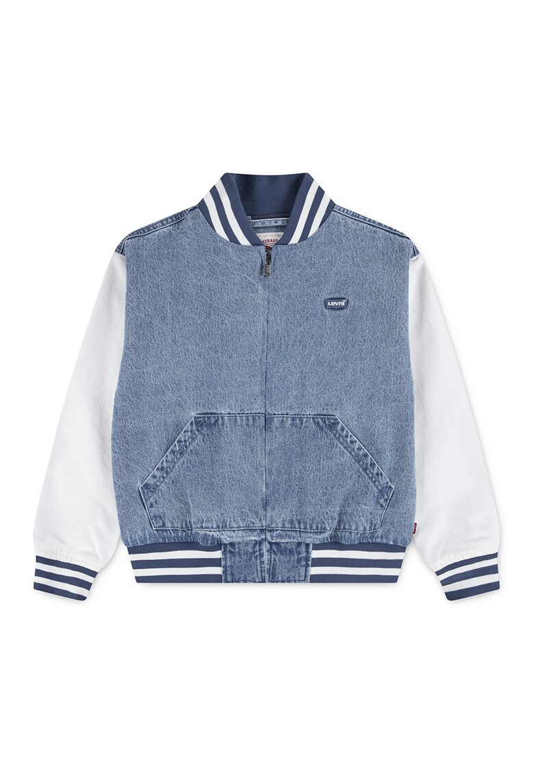 Jacheta bomber din denim cu fermoar si logo - Alb/Albastru deschis