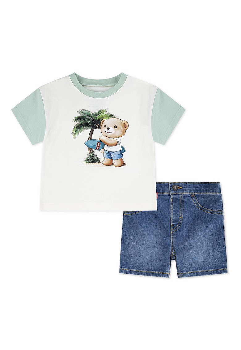 Set de tricou si bermude din denim Palm Tree - Albastru inchis/Alb optic