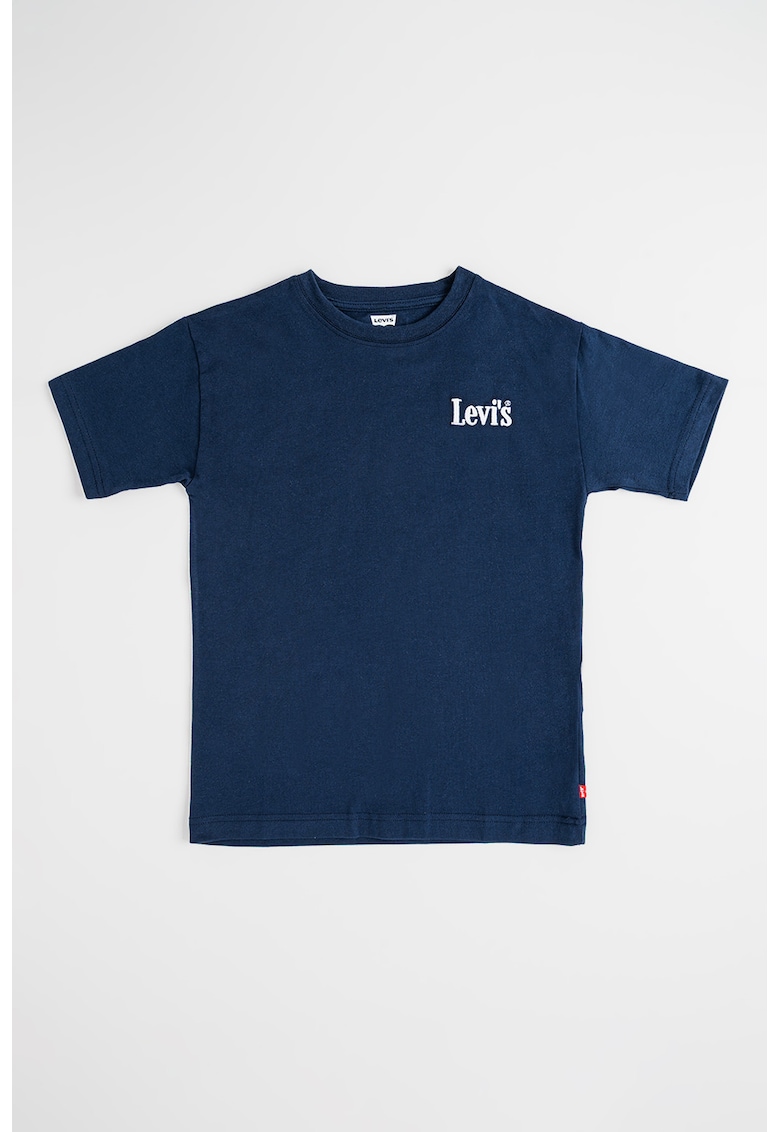 Tricou cu decolteu la baza gatului si imprimeu logo - Alb/Bleumarin