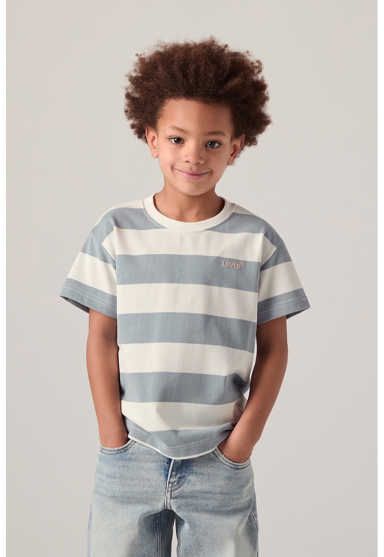 Tricou din amestec de bumbac cu model in dungi - Albastru prafuit/Alb murdar