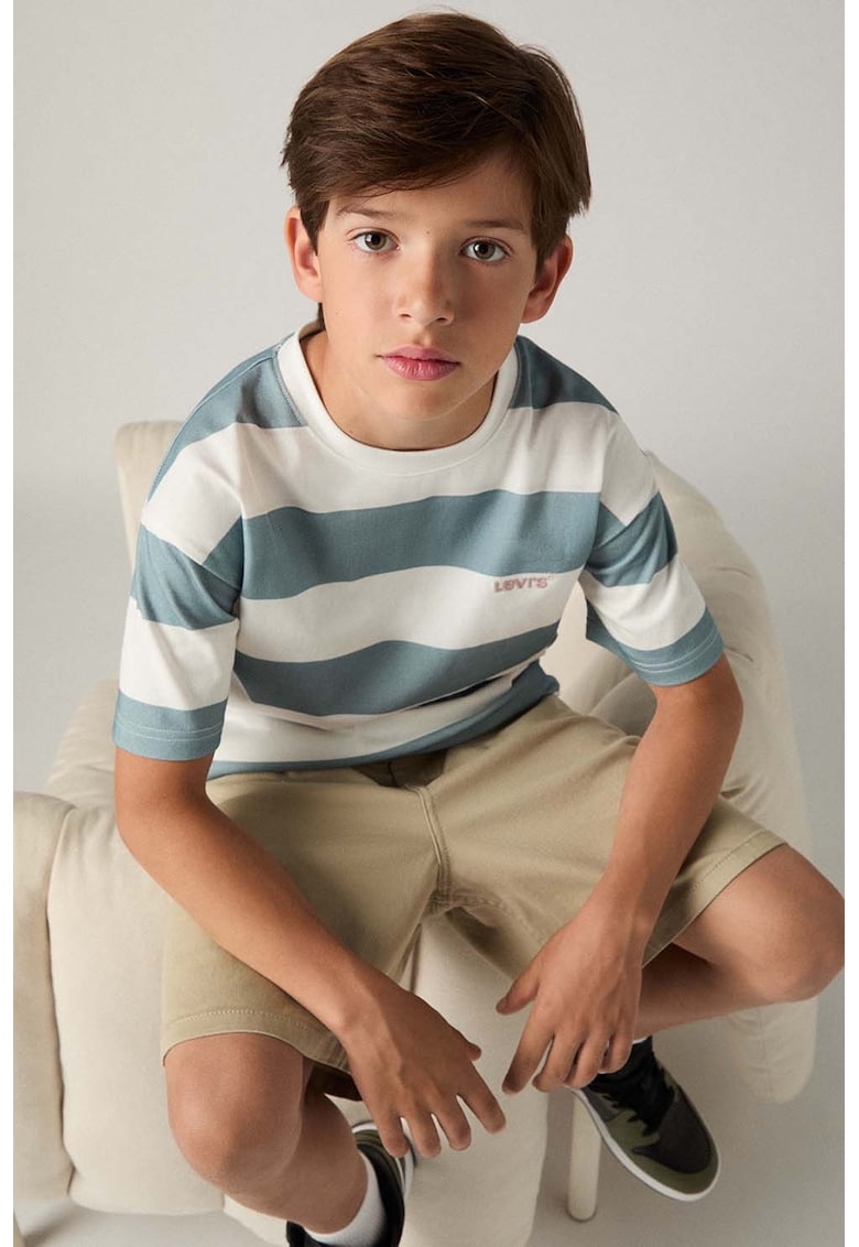 Tricou cu decolteu la baza gatului Big Stripe - Albastru prafuit/Alb optic